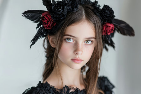 Elegant young woman with dark floral crownの素材