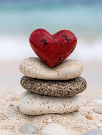 red heart-shaped stone on stacked rocks on beachの素材