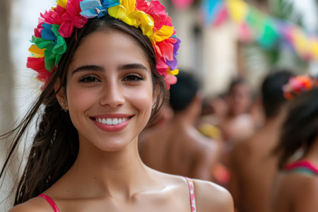Smiling woman with colorful flower crownの素材