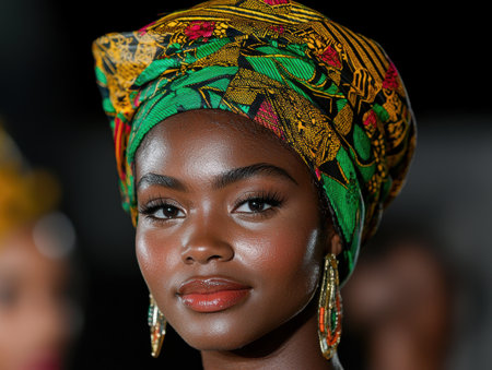 Portrait of a young woman wearing a colorful headscarfの素材