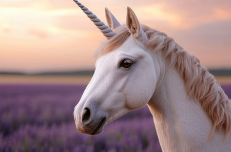 Majestic white unicorn in lavender field at sunsetの素材