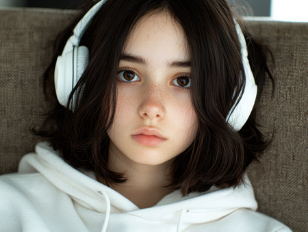 young woman with headphones looking thoughtfulの素材