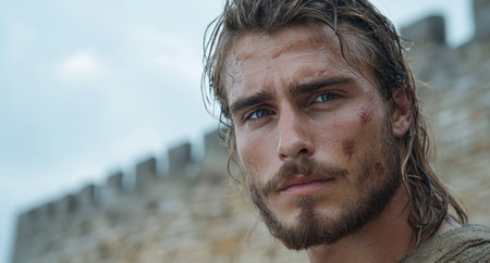 Rugged man with windblown hair and beardの素材