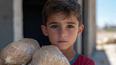 young boy with serious expression holding breadの素材