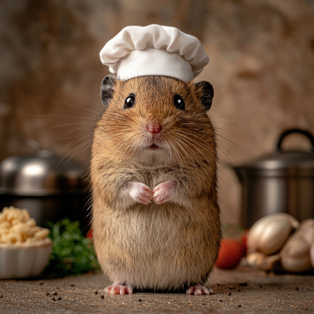Adorable hamster chef in a kitchen settingの素材