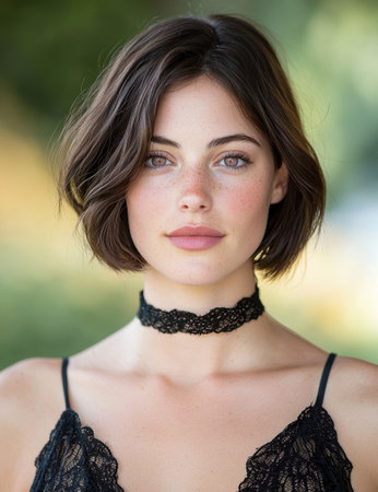 Captivating portrait of a young woman with dark hair and striking featuresの素材