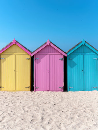 Colorful beach huts on sandy beachの素材