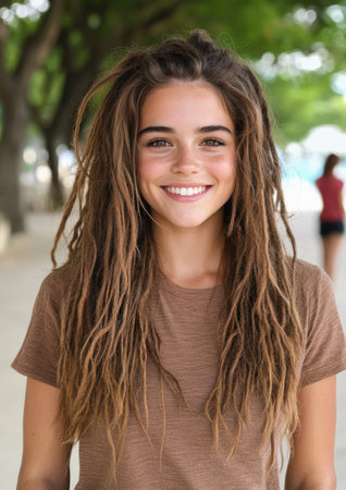 Smiling young woman with long curly hairの素材
