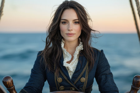 Elegant woman in navy coat standing by the oceanの素材