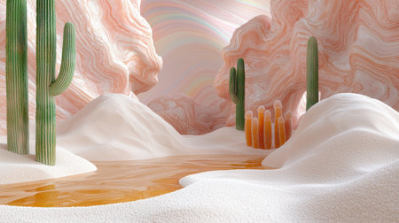 surreal desert landscape with cactus and abstract shapesの素材