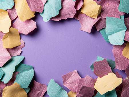 Colorful paper flower petals on purple backgroundの素材