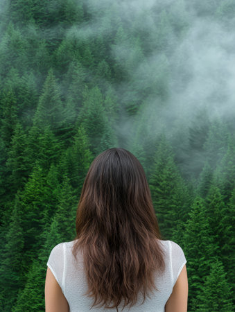 woman standing in front of misty forestの素材