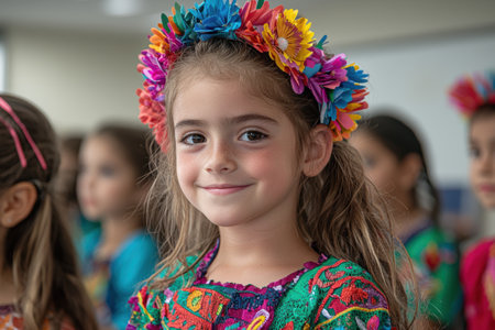Smiling girl with colorful floral crownの素材