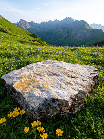 Serene mountain landscape with wildflowersの素材