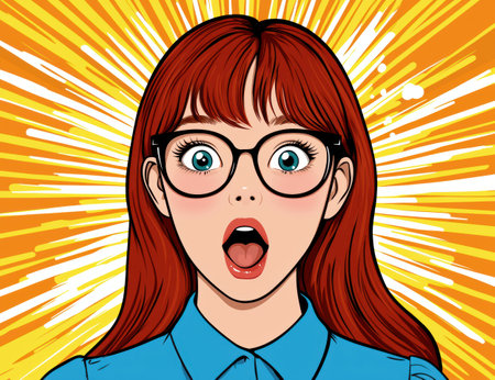 surprised woman with red hair and glassesの素材