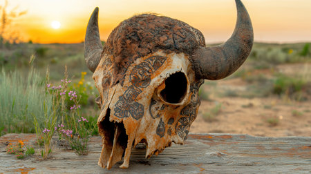 Ornate skull of a horned animal on a wooden surface with flowers in the background at sunsetの素材