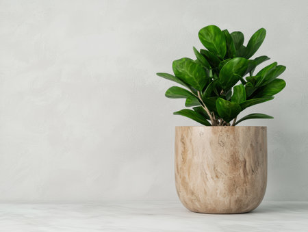 Lush green plant in a natural wooden potの素材