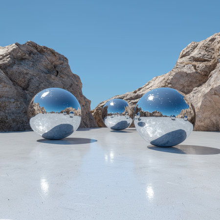 surreal reflective spheres in desert landscapeの素材