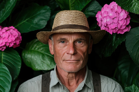 senior man in straw hat surrounded by pink hydrangea flowersの素材