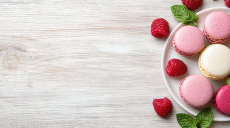 Delicious pink macarons and fresh raspberries on a wooden backgroundの素材