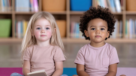 two young children sitting in a libraryの素材
