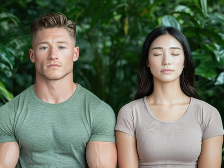 couple meditating in natureの素材