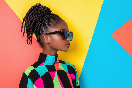 stylish woman with braided hairstyle wearing colorful outfitの素材