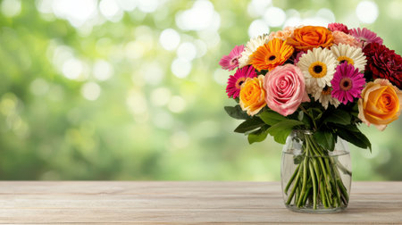Vibrant bouquet of colorful flowers in glass vaseの素材