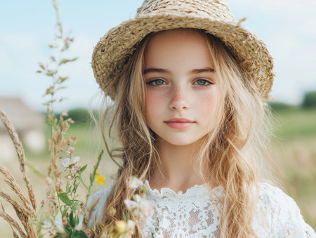 young woman in straw hat holding flowers in fieldの素材