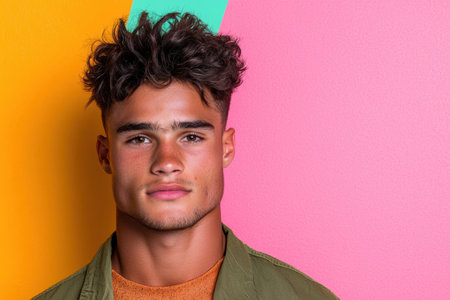 young man with curly hair against colorful backgroundの素材