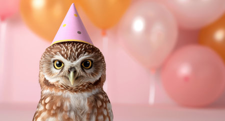 Cute owl wearing party hat in pink and orange backgroundの素材