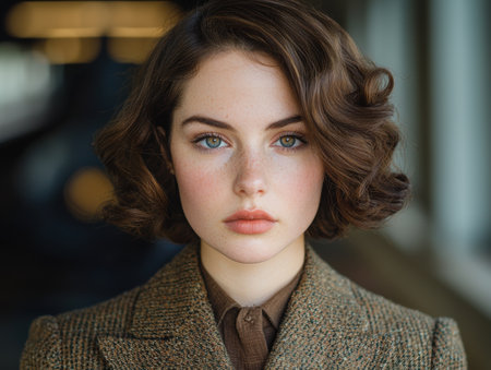 Thoughtful young woman with curly hair and green eyesの素材