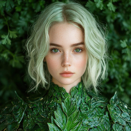 Enchanting portrait of a woman with striking green eyes and pale hair surrounded by lush greeneryの素材