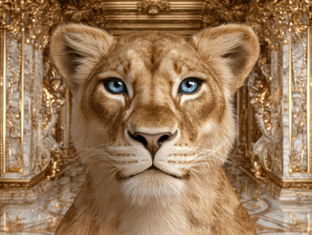 majestic lion portrait in ornate golden frameの素材