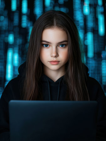 young woman with dark hair using laptop in dark environmentの素材