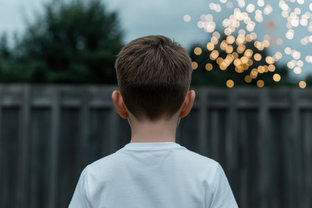 young boy looking at fireworksの素材
