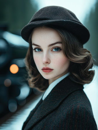 Pensive woman in black coat and hatの素材