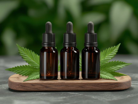 Assortment of CBD oil bottles with cannabis leavesの素材