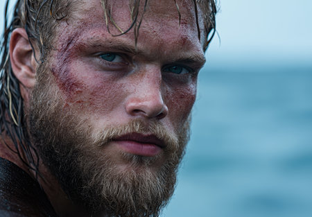 Close-up portrait of rugged man with beard and intense gazeの素材