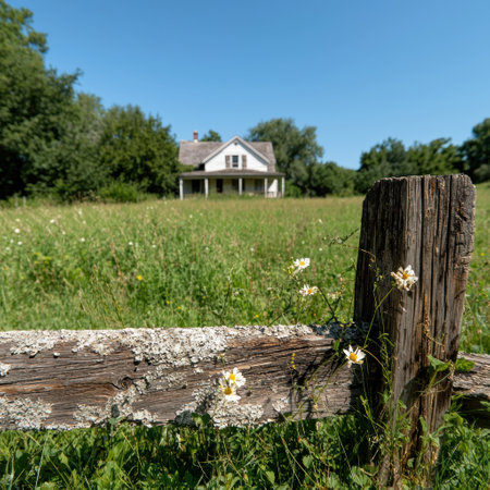 Idyllic rural farmhouse scene with wooden fence and wildflowersの素材