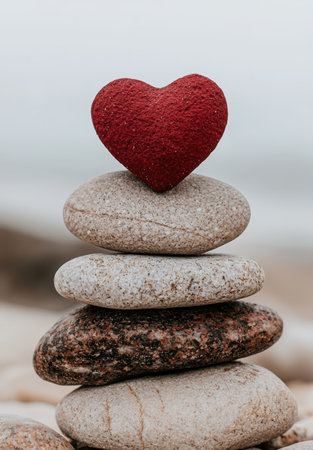 Stacked stones with a red glittery heart on topの素材
