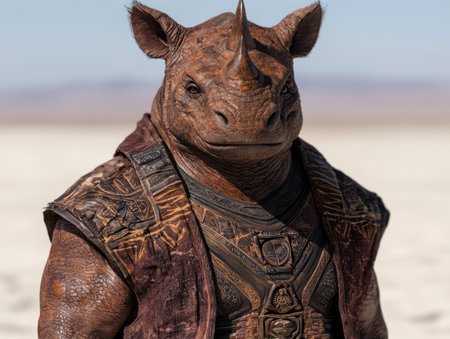 Armored rhinoceros warrior in desertの素材