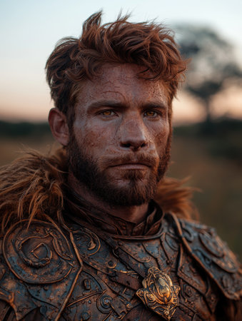 Rugged warrior with intense gazeの素材