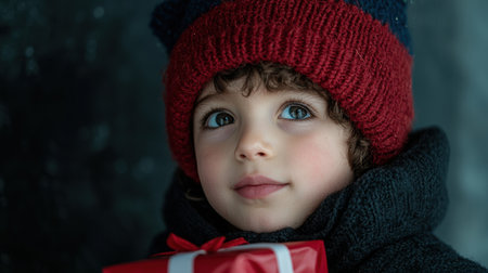 Child holding a gift in winter clothingの素材