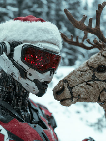 futuristic soldier in snowy winter landscape with deerの素材