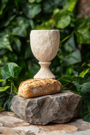 Communion bread and chalice on rocksの素材