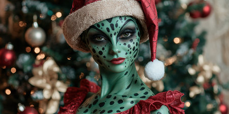 Festive holiday character with green face and red costumeの素材
