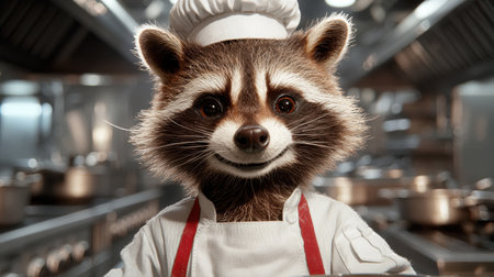 Smiling raccoon chef in kitchenの素材