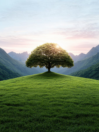Lone tree on a grassy hill with mountains in the backgroundの素材