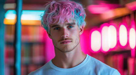 Vibrant portrait of a young man with colorful hairの素材